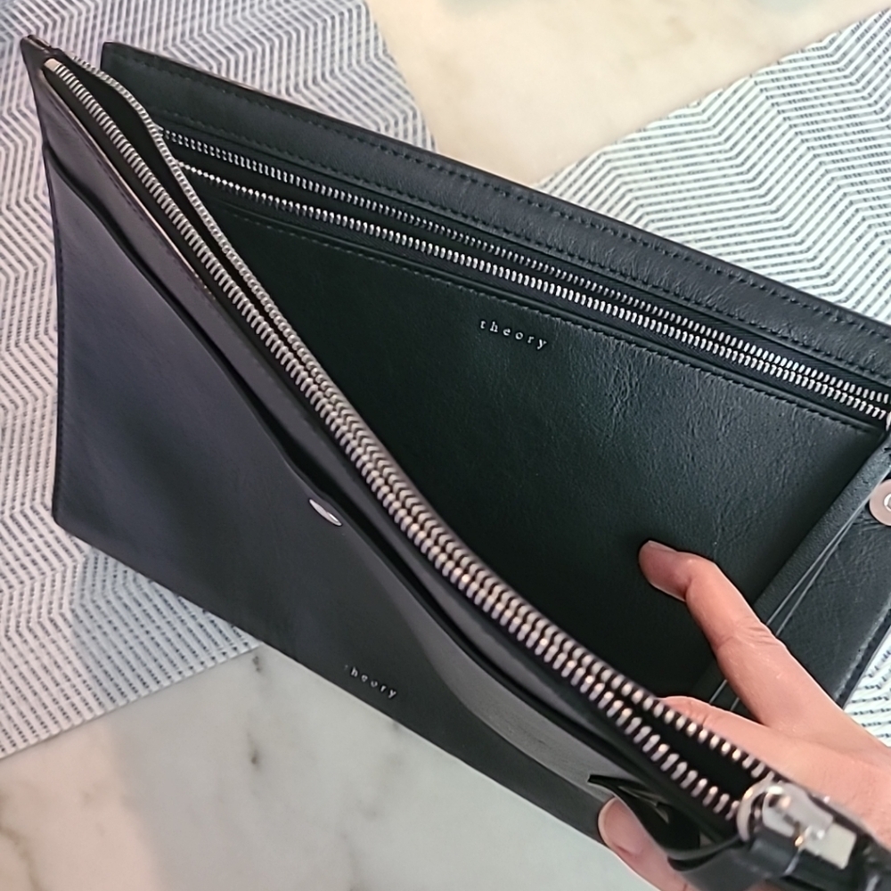 Theory Black Leather Zip Clutch